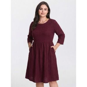 ROOLEE Modest Midi Dress 2XL Burgundy Textured Linen Blend Classic Comfort  NWT